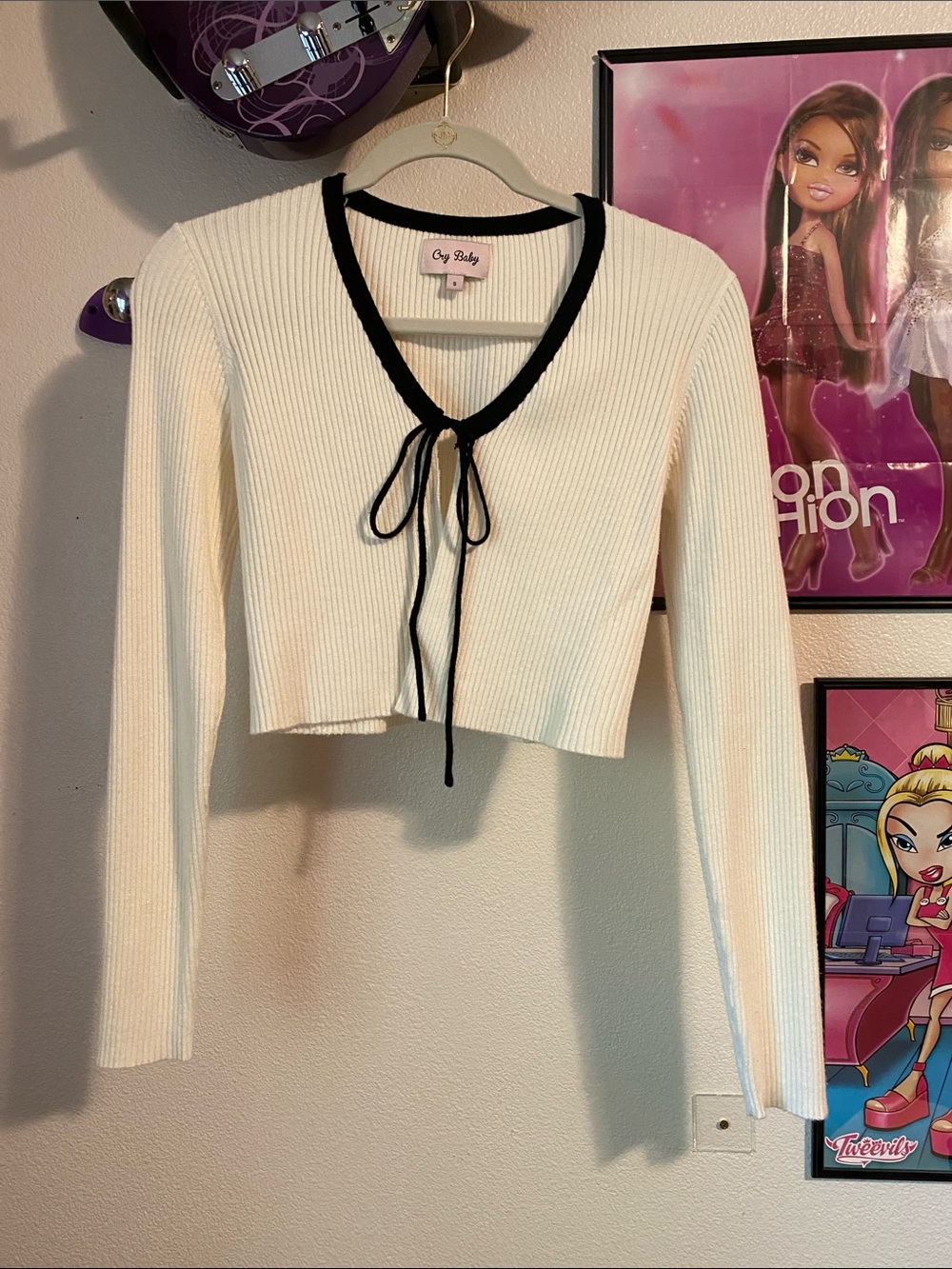 Cry Baby Ribbed Tie-Front Cardigan with Black Trim